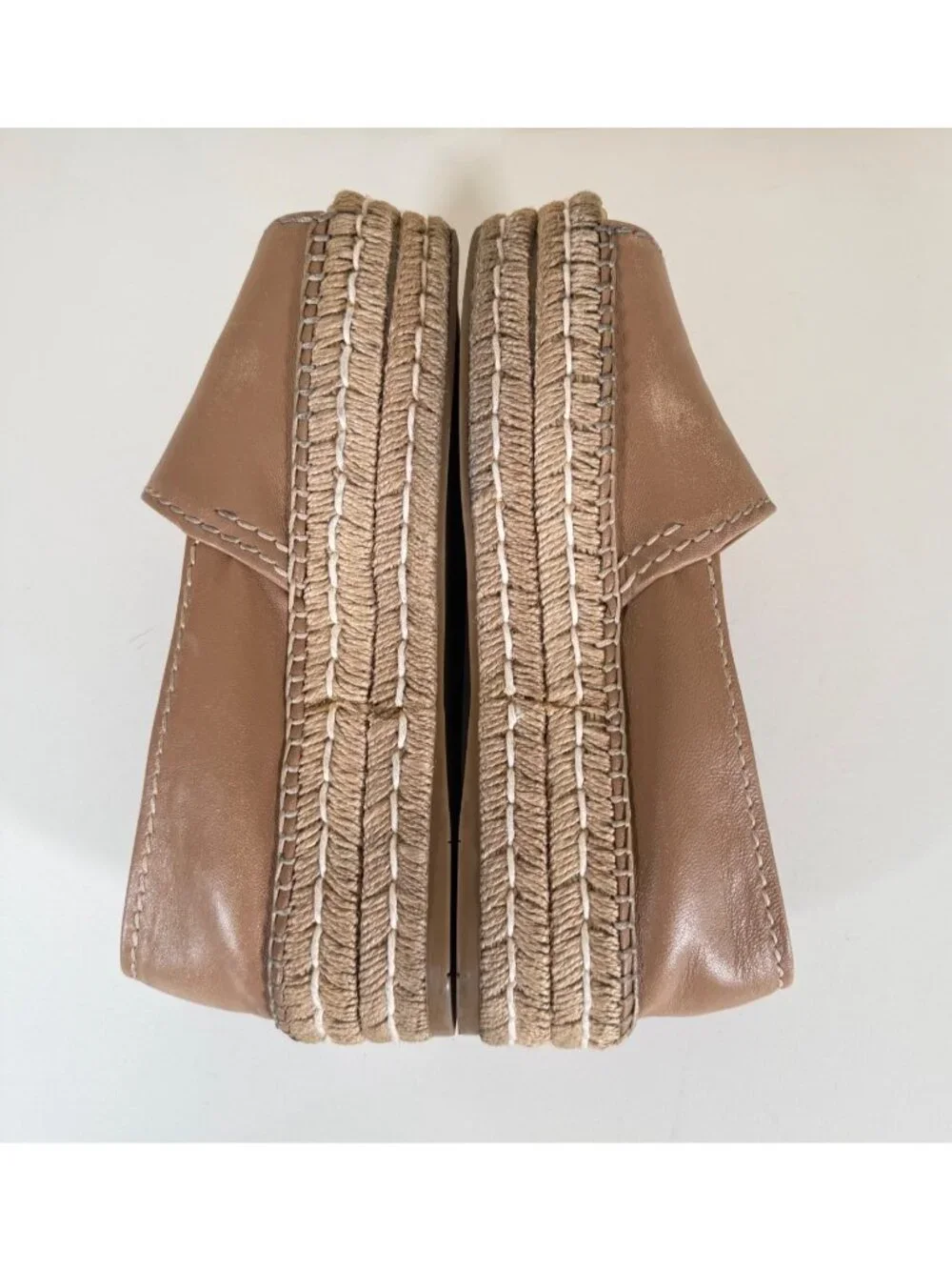 PRADA Women's Napa Leather Peep Toe Platform Espadrilles Naturale Tan - Picture 9 of 13